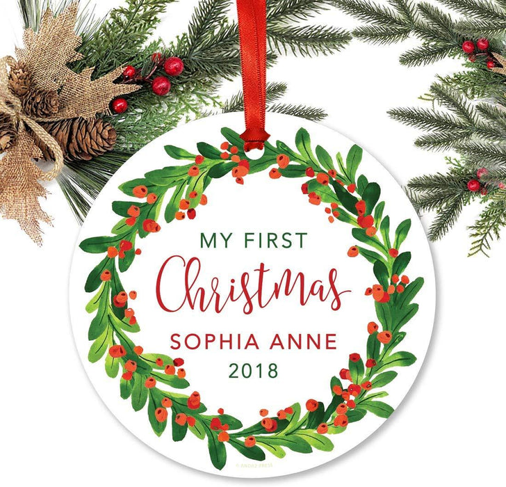 Personalized Metal Christmas Ornament, My First Christmas, Custom Name & Year, Red Green Holiday Wreath-Set of 1-Andaz Press-