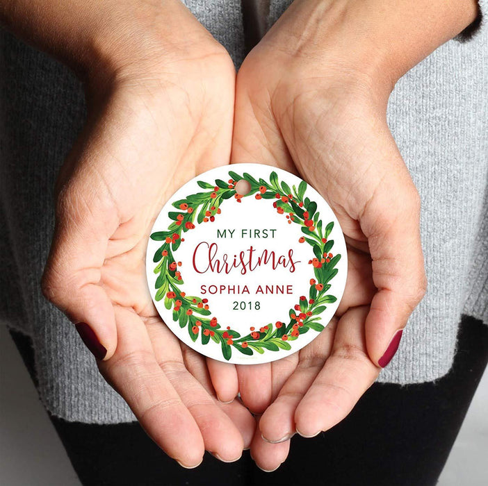 Personalized Metal Christmas Ornament, My First Christmas, Custom Name & Year, Red Green Holiday Wreath-Set of 1-Andaz Press-