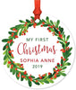 Personalized Metal Christmas Ornament, My First Christmas, Custom Name & Year, Red Green Holiday Wreath-Set of 1-Andaz Press-