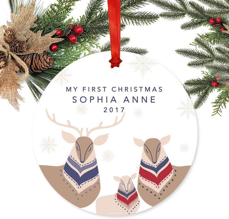 Personalized Metal Christmas Ornament, My First Christmas, Custom Name & Year, Scandinavian Swedish Style Animals-Set of 1-Andaz Press-