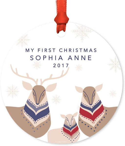 Personalized Metal Christmas Ornament, My First Christmas, Custom Name & Year, Scandinavian Swedish Style Animals-Set of 1-Andaz Press-