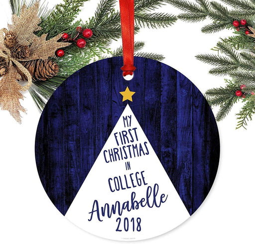 Personalized Metal Christmas Ornament, My First Christmas in College, Custom Name & Year, Watercolor Christmas Tree-Set of 1-Andaz Press-