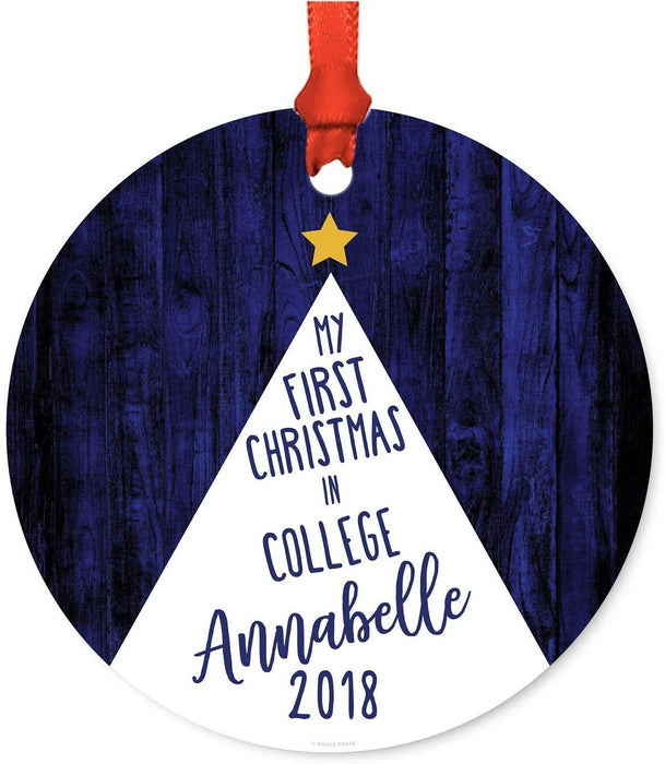 Personalized Metal Christmas Ornament, My First Christmas in College, Custom Name & Year, Watercolor Christmas Tree-Set of 1-Andaz Press-