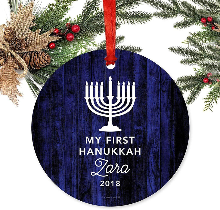 Personalized Metal Christmas Ornament, My First Hanukkah, Custom Name & Year, Navy Blue Menorah-Set of 1-Andaz Press-