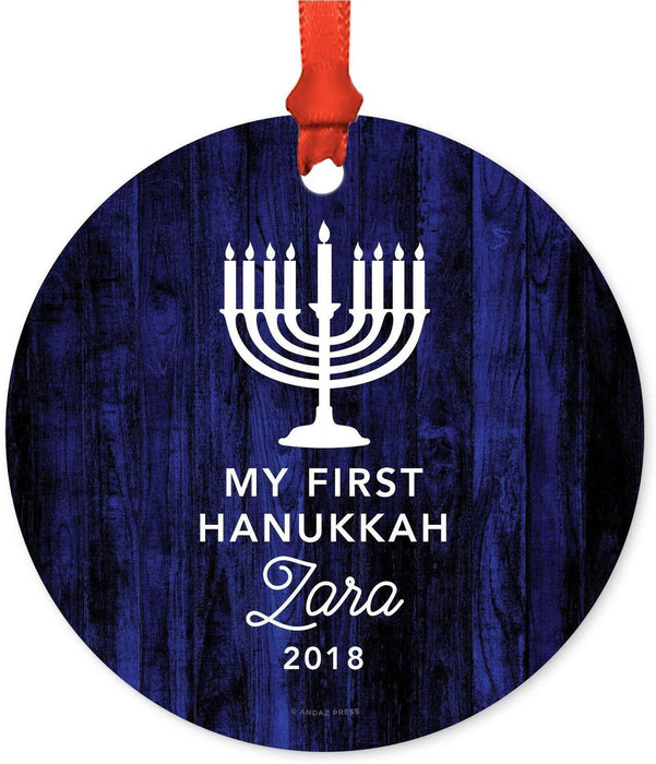 Personalized Metal Christmas Ornament, My First Hanukkah, Custom Name & Year, Navy Blue Menorah-Set of 1-Andaz Press-