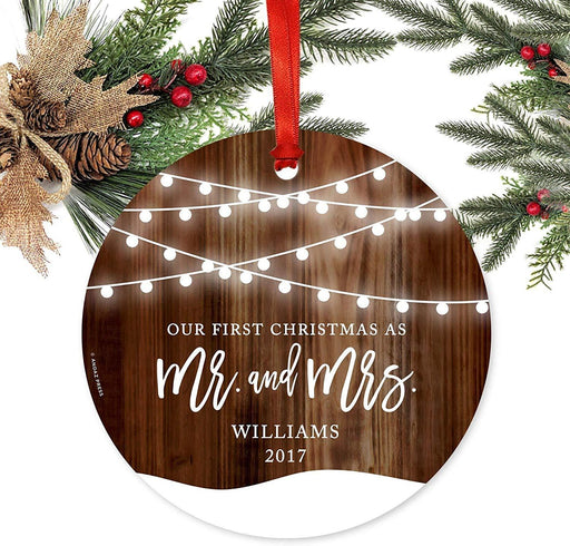 Personalized Metal Christmas Ornament, Our First Christmas As Mr. and Mrs., Custom Name, Custom Year, Shining Ball Lights on Rustic Wood-Set of 1-Andaz Press-