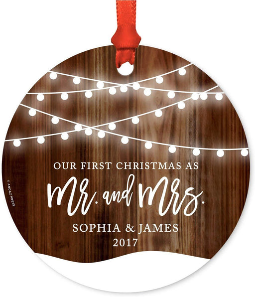 Personalized Metal Christmas Ornament, Our First Christmas As Mr. and Mrs., Custom Name, Custom Year, Shining Ball Lights on Rustic Wood-Set of 1-Andaz Press-