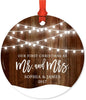 Personalized Metal Christmas Ornament, Our First Christmas As Mr. and Mrs., Custom Name, Custom Year, Shining Ball Lights on Rustic Wood-Set of 1-Andaz Press-