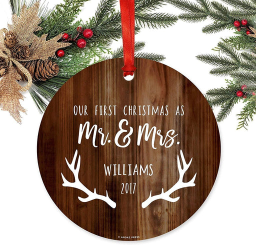 Personalized Metal Christmas Ornament, Our First Christmas As Mr. and Mrs., Custom Name & Year, Rustic Wood with Deer Antlers-Set of 1-Andaz Press-