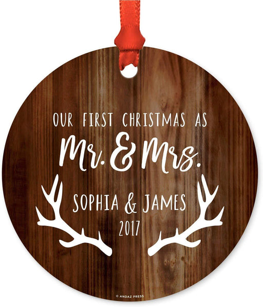 Personalized Metal Christmas Ornament, Our First Christmas As Mr. and Mrs., Custom Name & Year, Rustic Wood with Deer Antlers-Set of 1-Andaz Press-