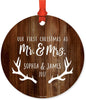Personalized Metal Christmas Ornament, Our First Christmas As Mr. and Mrs., Custom Name & Year, Rustic Wood with Deer Antlers-Set of 1-Andaz Press-