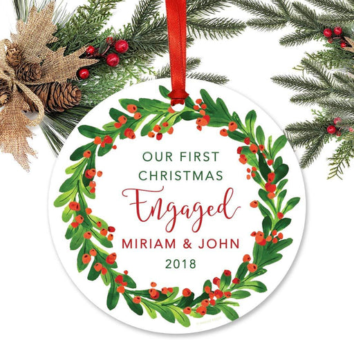 Personalized Metal Christmas Ornament, Our First Christmas Engaged, Custom Name, Custom Year, Red Green Holiday Wreath-Set of 1-Andaz Press-