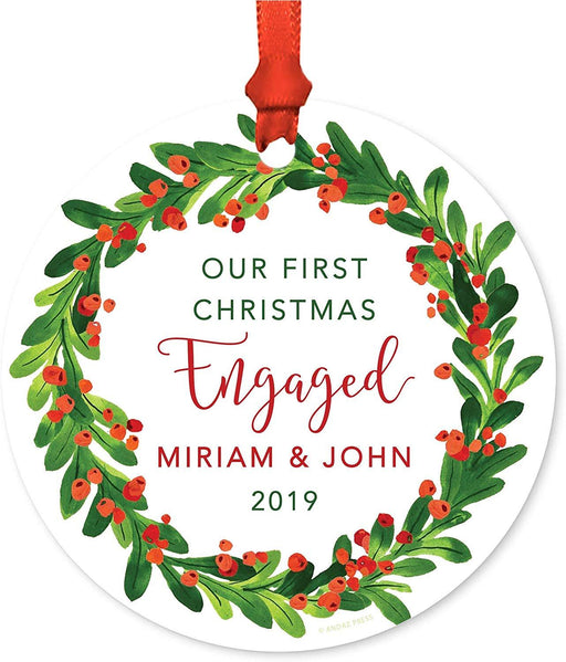 Personalized Metal Christmas Ornament, Our First Christmas Engaged, Custom Name, Custom Year, Red Green Holiday Wreath-Set of 1-Andaz Press-