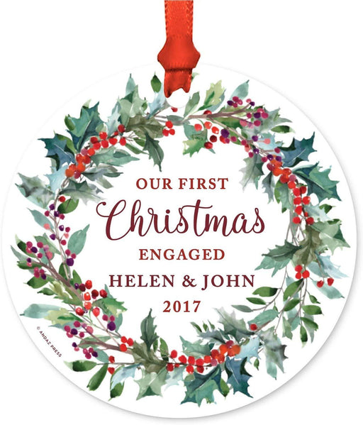 Personalized Metal Christmas Ornament, Our First Christmas Engaged, Custom Name, Custom Year Red Holiday Wreath-Set of 1-Andaz Press-