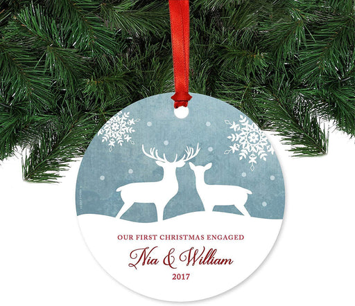 Personalized Metal Christmas Ornament, Our First Christmas Engaged, Custom Name, Custom Year, Rustic Deer Winter Snowflakes-Set of 1-Andaz Press-