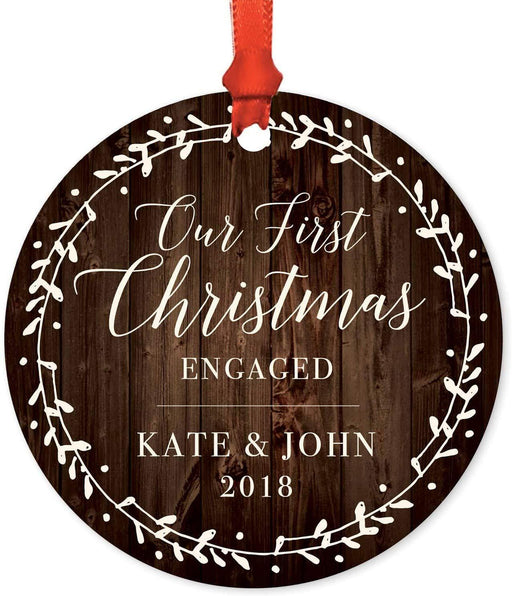Personalized Metal Christmas Ornament, Our First Christmas Engaged, Custom Name, Custom Year, Rustic Wood Florals Name-Set of 1-Andaz Press-
