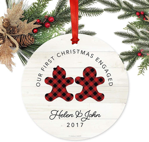 Personalized Metal Christmas Ornament, Our First Christmas Engaged, Custom Name & Year, Lumberjack Buffalo Red Plaid-Set of 1-Andaz Press-