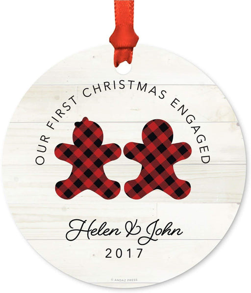 Personalized Metal Christmas Ornament, Our First Christmas Engaged, Custom Name & Year, Lumberjack Buffalo Red Plaid-Set of 1-Andaz Press-