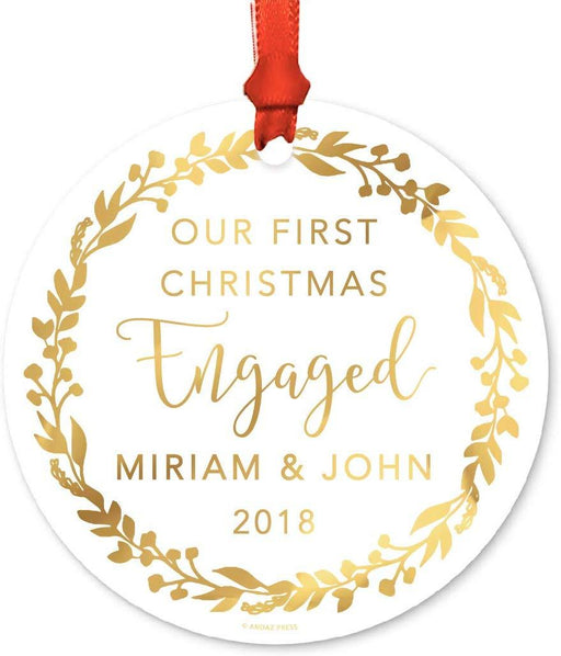 Personalized Metal Christmas Ornament, Our First Christmas Engaged, Custom Names & Year, Gold Holiday Wreath-Set of 1-Andaz Press-