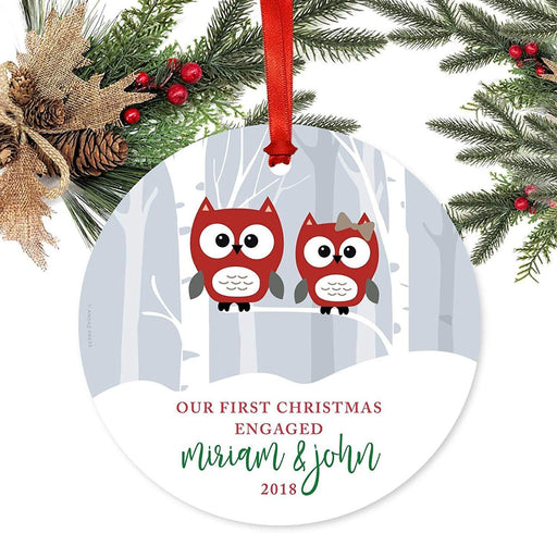 Personalized Metal Christmas Ornament, Our First Christmas Engaged, Custom Names & Year, Red Holiday Woodland Owls-Set of 1-Andaz Press-
