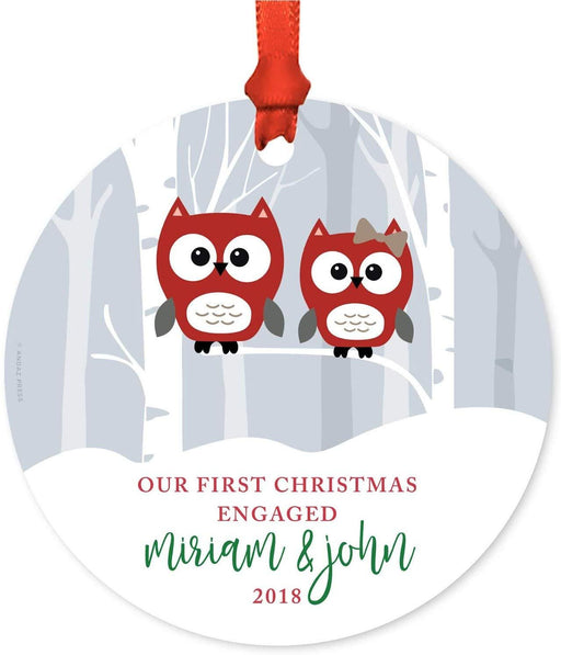 Personalized Metal Christmas Ornament, Our First Christmas Engaged, Custom Names & Year, Red Holiday Woodland Owls-Set of 1-Andaz Press-