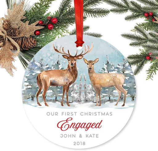 Personalized Metal Christmas Ornament, Our First Christmas Engaged, Custom Names & Year, Watercolor Rustic Deer-Set of 1-Andaz Press-