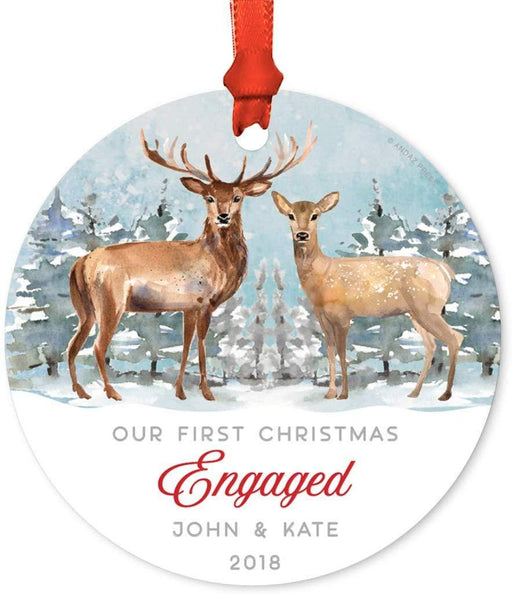 Personalized Metal Christmas Ornament, Our First Christmas Engaged, Custom Names & Year, Watercolor Rustic Deer-Set of 1-Andaz Press-