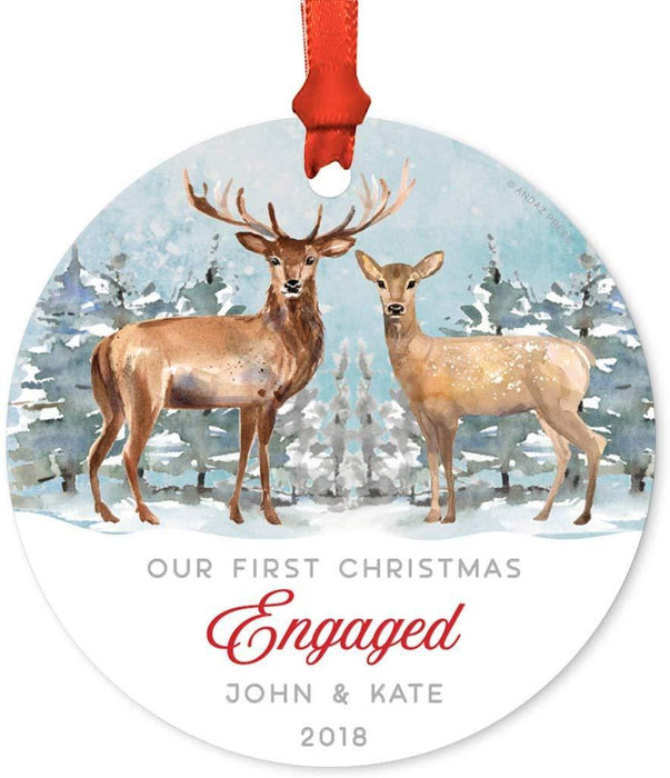 Personalized Metal Christmas Ornament, Our First Christmas Engaged, Custom Names & Year, Watercolor Rustic Deer-Set of 1-Andaz Press-