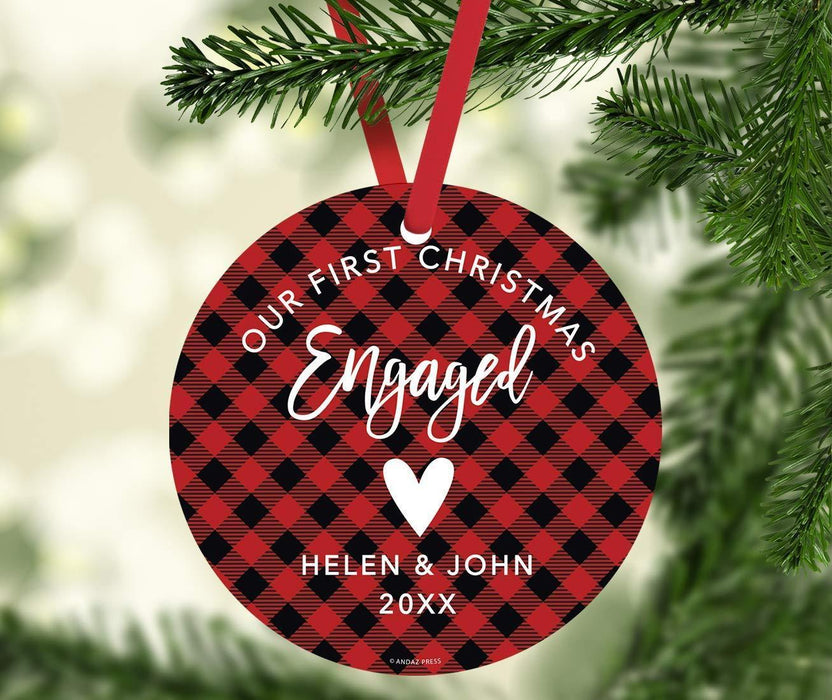 Personalized Metal Christmas Ornament, Our First Christmas Engaged, Custom Year, Country Lumberjack Buffalo Red Plaid-Set of 1-Andaz Press-