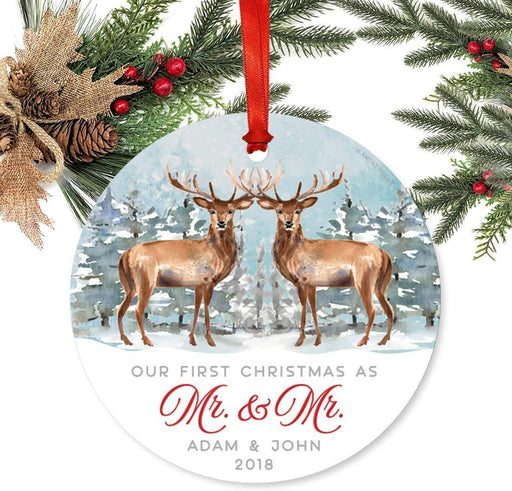 Personalized Metal Christmas Ornament, Our First Christmas as Mr. & Mr, Custom Name & Year, Watercolor Rustic Deer-Set of 1-Andaz Press-
