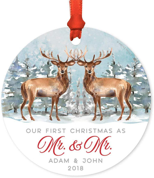 Personalized Metal Christmas Ornament, Our First Christmas as Mr. & Mr, Custom Name & Year, Watercolor Rustic Deer-Set of 1-Andaz Press-