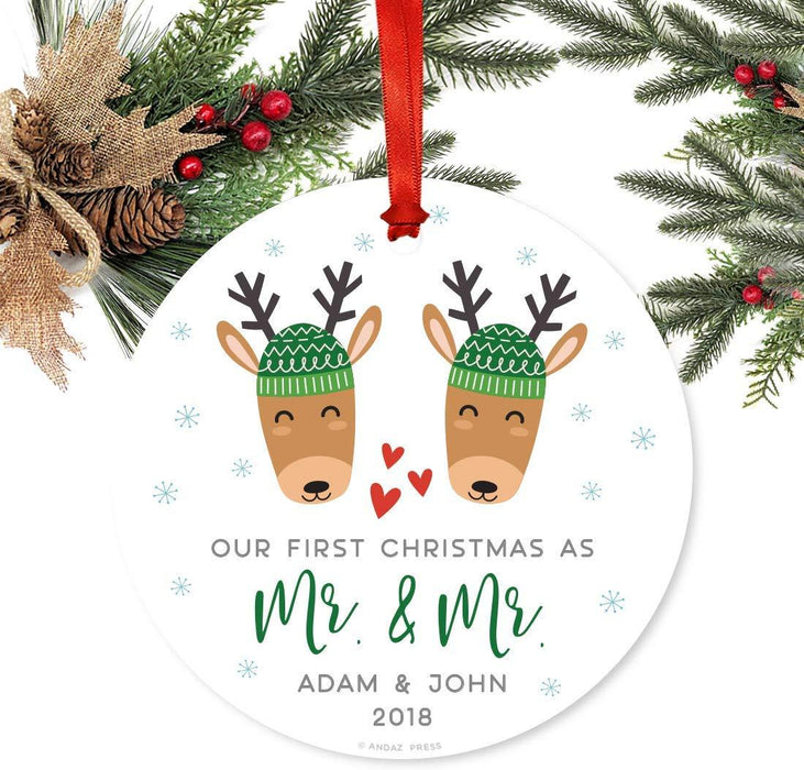 Personalized Metal Christmas Ornament, Our First Christmas as Mr. & Mr., Custom Name & Year, Holiday Reindeer Snowflakes-Set of 1-Andaz Press-