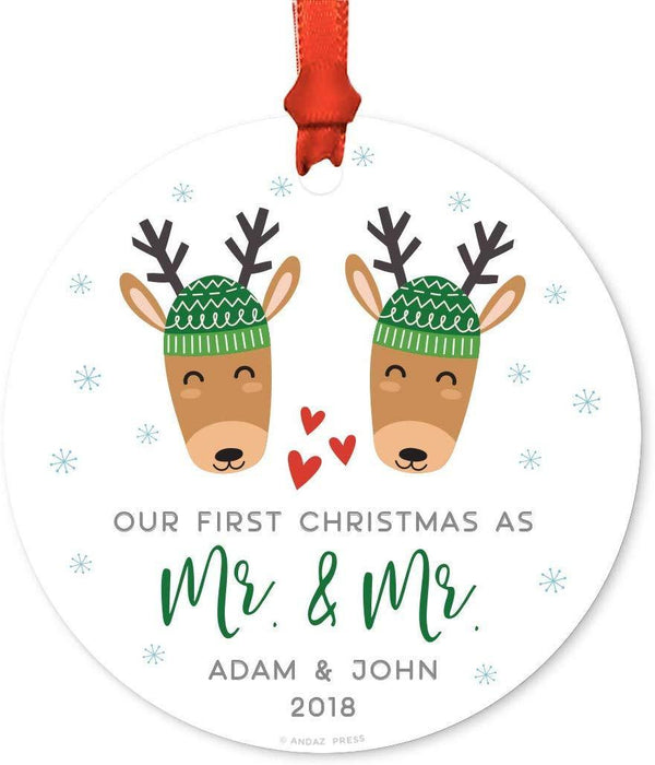 Personalized Metal Christmas Ornament, Our First Christmas as Mr. & Mr., Custom Name & Year, Holiday Reindeer Snowflakes-Set of 1-Andaz Press-