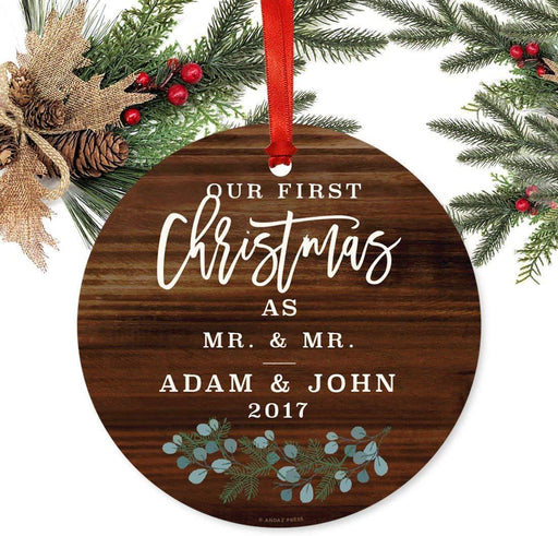 Personalized Metal Christmas Ornament, Our First Christmas as Mr. & Mr.,Custom Name & Year, Rustic Wood Florals-Set of 1-Andaz Press-