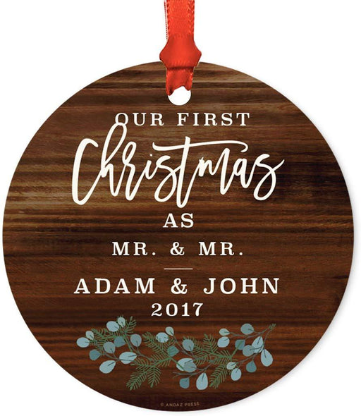Personalized Metal Christmas Ornament, Our First Christmas as Mr. & Mr.,Custom Name & Year, Rustic Wood Florals-Set of 1-Andaz Press-