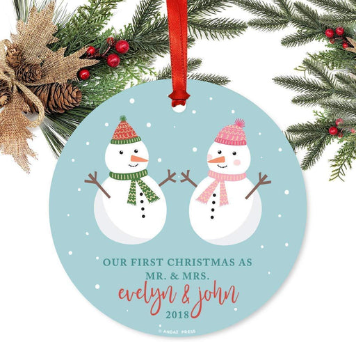 Personalized Metal Christmas Ornament, Our First Christmas as Mr. & Mrs, Custom Names & Year, Holiday Snowman Family-Set of 1-Andaz Press-