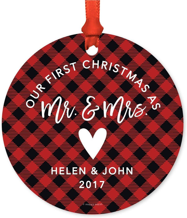 Personalized Metal Christmas Ornament, Our First Christmas as Mr. & Mrs, Custom Year, Custom Name, Country Lumberjack Buffalo Red Plaid-Set of 1-Andaz Press-