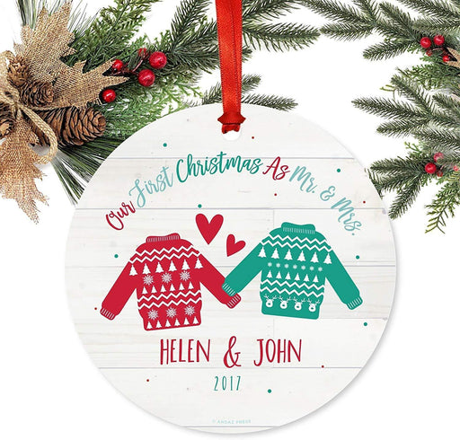 Personalized Metal Christmas Ornament, Our First Christmas as Mr. & Mrs., Custom Name, Custom Year, Fair Isle Holiday Ugly Sweater-Set of 1-Andaz Press-