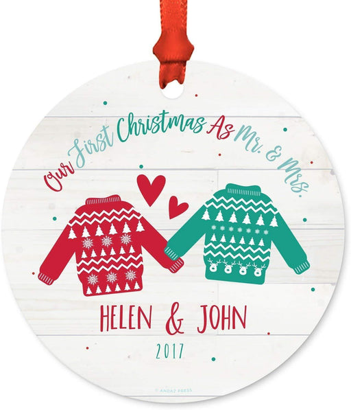 Personalized Metal Christmas Ornament, Our First Christmas as Mr. & Mrs., Custom Name, Custom Year, Fair Isle Holiday Ugly Sweater-Set of 1-Andaz Press-