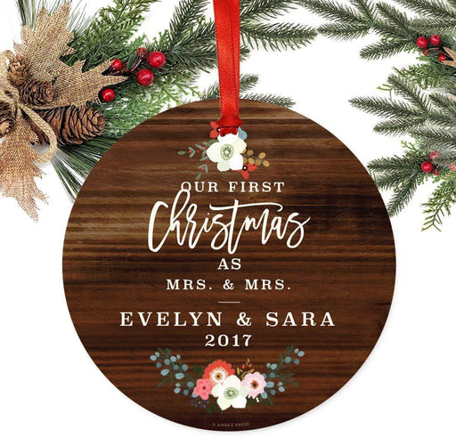 Personalized Metal Christmas Ornament, Our First Christmas as Mrs. & Mrs., Custom Name & Year, Rustic Wood Florals-Set of 1-Andaz Press-