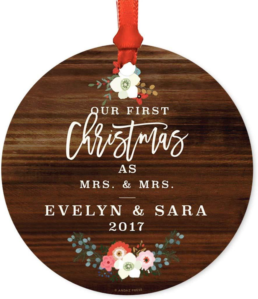 Personalized Metal Christmas Ornament, Our First Christmas as Mrs. & Mrs., Custom Name & Year, Rustic Wood Florals-Set of 1-Andaz Press-