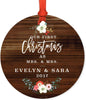Personalized Metal Christmas Ornament, Our First Christmas as Mrs. & Mrs., Custom Name & Year, Rustic Wood Florals-Set of 1-Andaz Press-