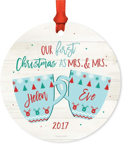 Personalized Metal Christmas Ornament, Our First Christmas as Mrs. & Mrs., Custom Year, Xmas Fair Isle Hot Cocoa Mugs, Custom Name-Set of 1-Andaz Press-