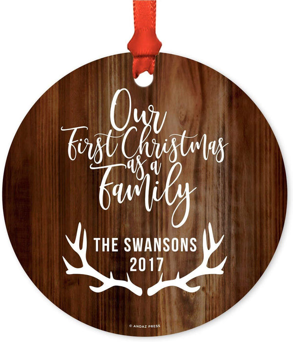 Personalized Metal Christmas Ornament, Our First Christmas as a Family, Custom Names & Year, Deer-Set of 1-Andaz Press-