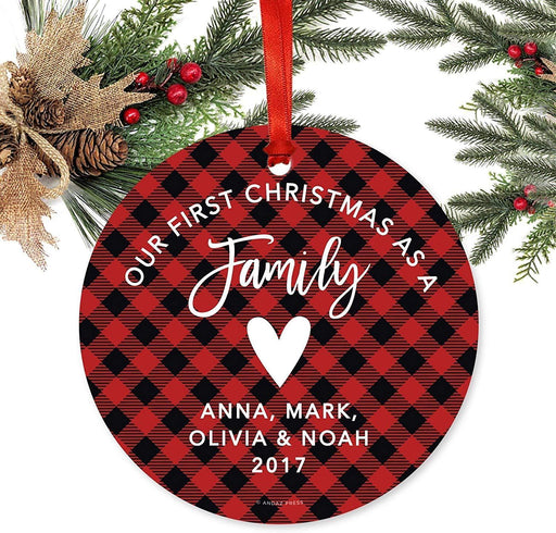 Personalized Metal Christmas Ornament, Our First Christmas as a Family, Custom Year, Country Lumberjack Buffalo Red Plaid-Set of 1-Andaz Press-