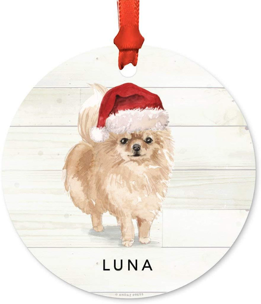 Personalized Metal Christmas Ornament, Pomeranian with Santa Hat, Custom Name-Set of 1-Andaz Press-