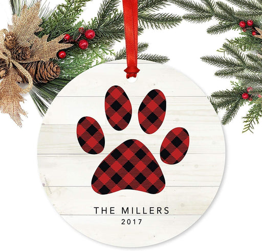 Personalized Metal Christmas Ornament, Red Plaid Dog Cat Pet Pawprint, Xmas New Puppy Kitten Present Ideas-Set of 1-Andaz Press-