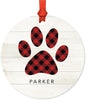 Personalized Metal Christmas Ornament, Red Plaid Dog Cat Pet Pawprint, Xmas New Puppy Kitten Present Ideas-Set of 1-Andaz Press-