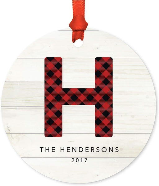 Personalized Metal Christmas Ornament, Red Plaid Monogram Letter, Custom Letter, Name and Year-Set of 1-Andaz Press-
