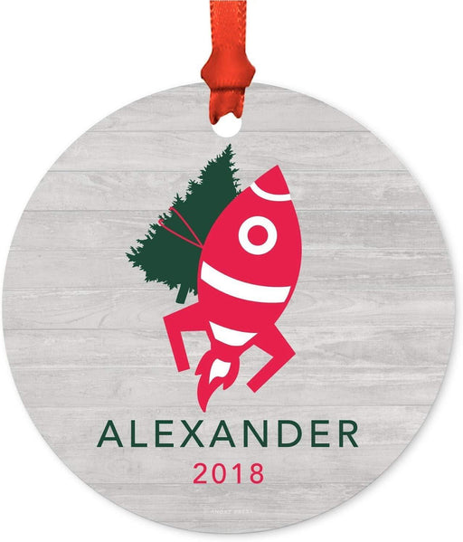 Personalized Metal Christmas Ornament, Rocket Ship with Christmas Tree, Custom Name-Set of 1-Andaz Press-